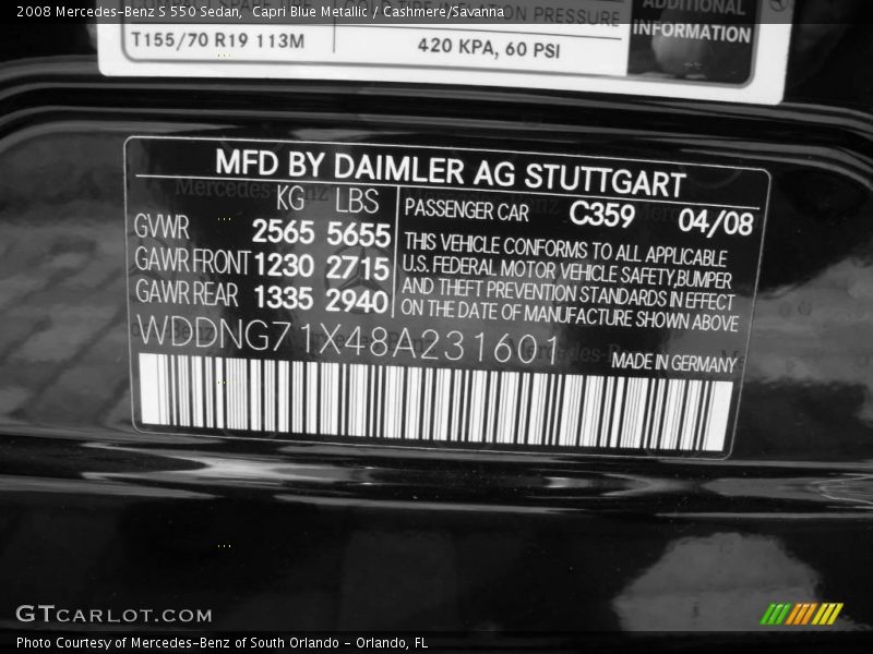 2008 S 550 Sedan Capri Blue Metallic Color Code 359