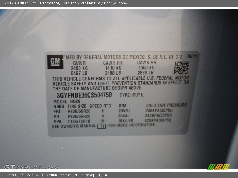 Radiant Silver Metallic / Ebony/Ebony 2012 Cadillac SRX Performance