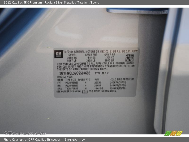 Radiant Silver Metallic / Titanium/Ebony 2012 Cadillac SRX Premium