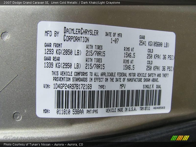 Linen Gold Metallic / Dark Khaki/Light Graystone 2007 Dodge Grand Caravan SE