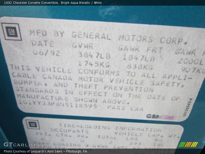 Info Tag of 1992 Corvette Convertible