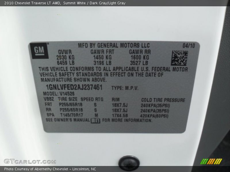 Summit White / Dark Gray/Light Gray 2010 Chevrolet Traverse LT AWD