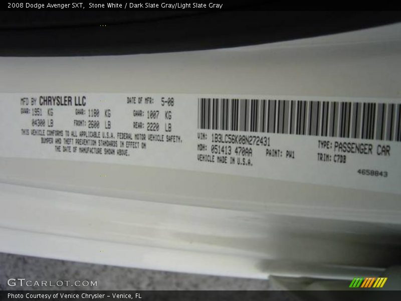 Stone White / Dark Slate Gray/Light Slate Gray 2008 Dodge Avenger SXT