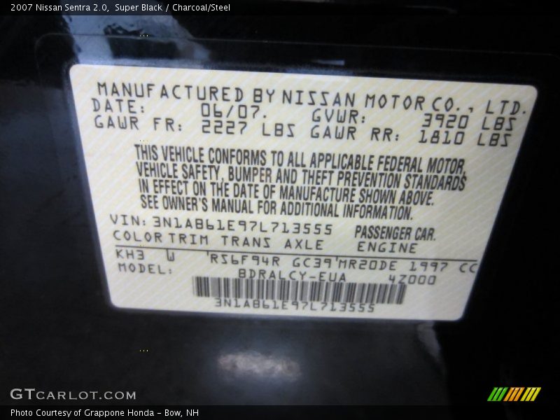 Super Black / Charcoal/Steel 2007 Nissan Sentra 2.0