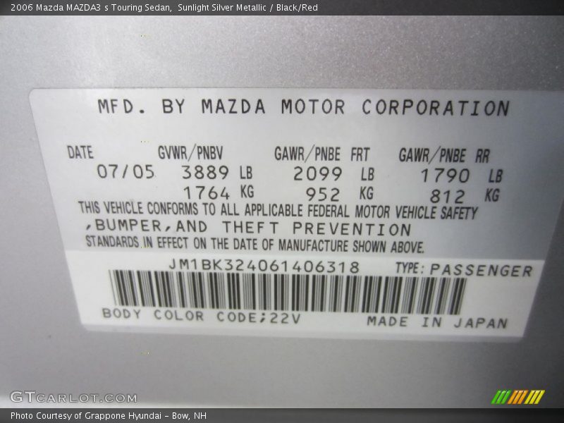 2006 MAZDA3 s Touring Sedan Sunlight Silver Metallic Color Code 22V