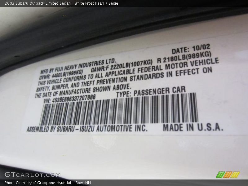 White Frost Pearl / Beige 2003 Subaru Outback Limited Sedan