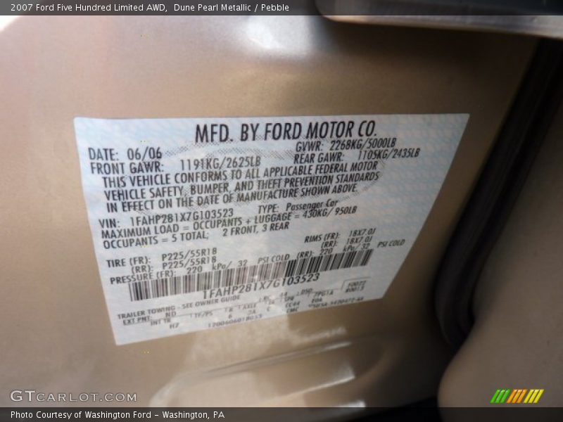 Dune Pearl Metallic / Pebble 2007 Ford Five Hundred Limited AWD