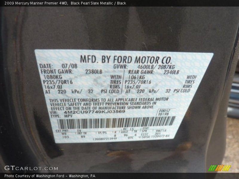 Black Pearl Slate Metallic / Black 2009 Mercury Mariner Premier 4WD