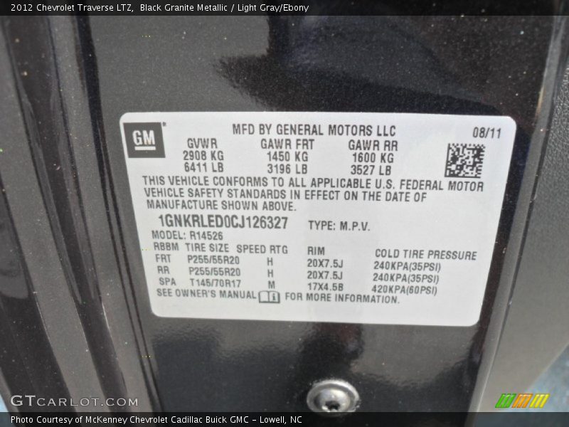 Info Tag of 2012 Traverse LTZ