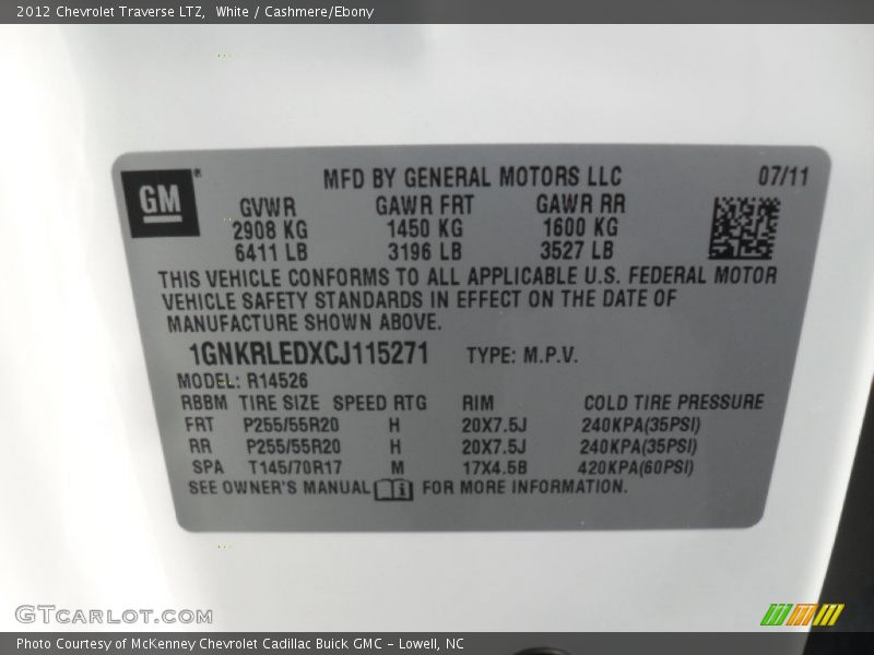 White / Cashmere/Ebony 2012 Chevrolet Traverse LTZ