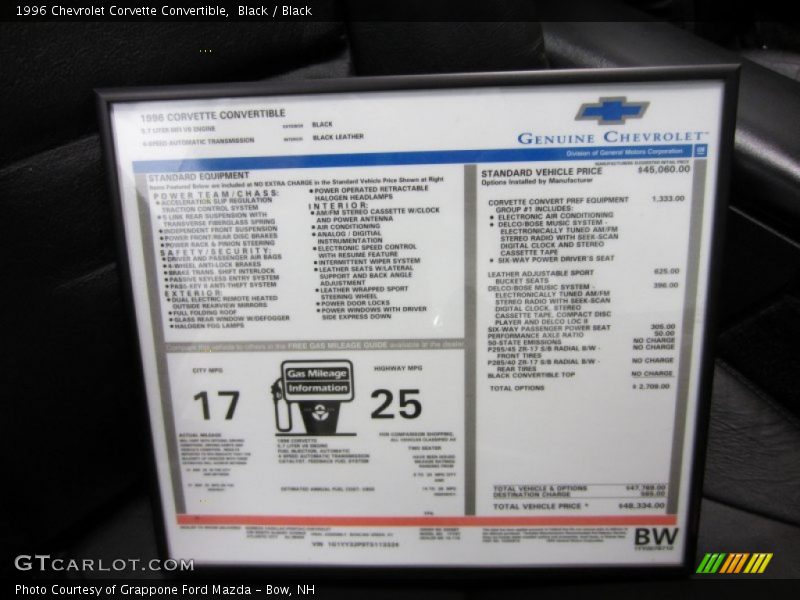  1996 Corvette Convertible Window Sticker