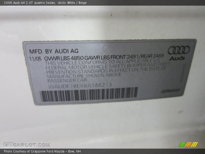 Arctic White / Beige 2006 Audi A4 2.0T quattro Sedan