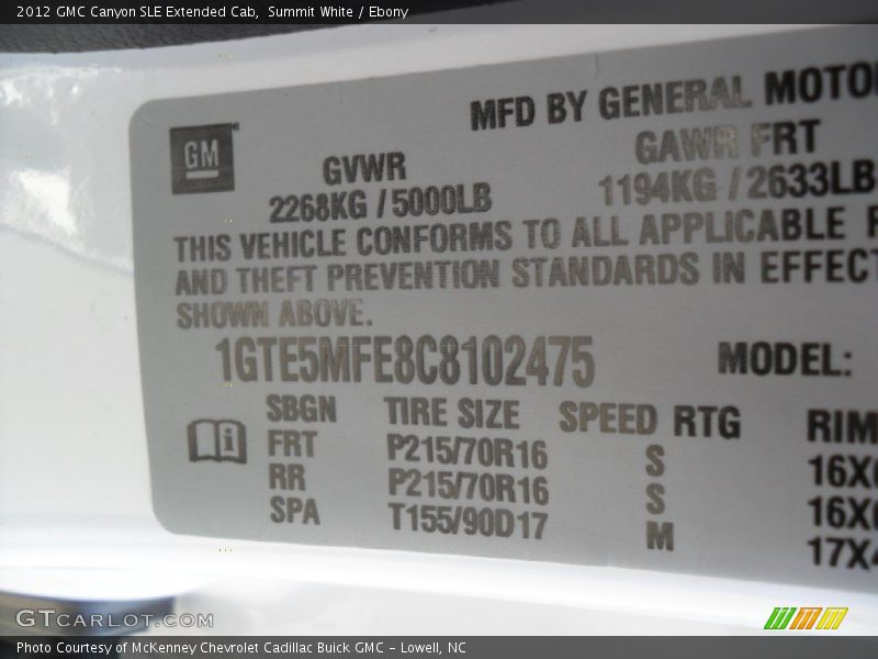Summit White / Ebony 2012 GMC Canyon SLE Extended Cab