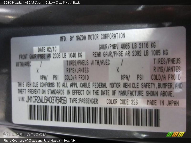 2010 MAZDA5 Sport Galaxy Gray Mica Color Code 32S