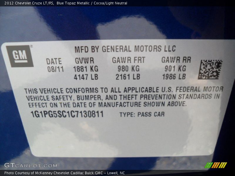 Blue Topaz Metallic / Cocoa/Light Neutral 2012 Chevrolet Cruze LT/RS