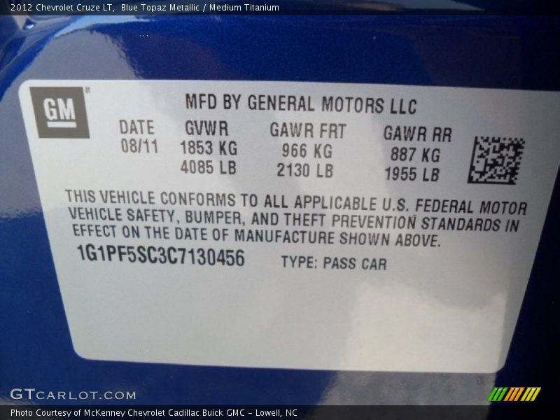 Blue Topaz Metallic / Medium Titanium 2012 Chevrolet Cruze LT