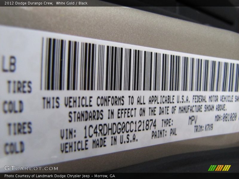 2012 Durango Crew White Gold Color Code PWL