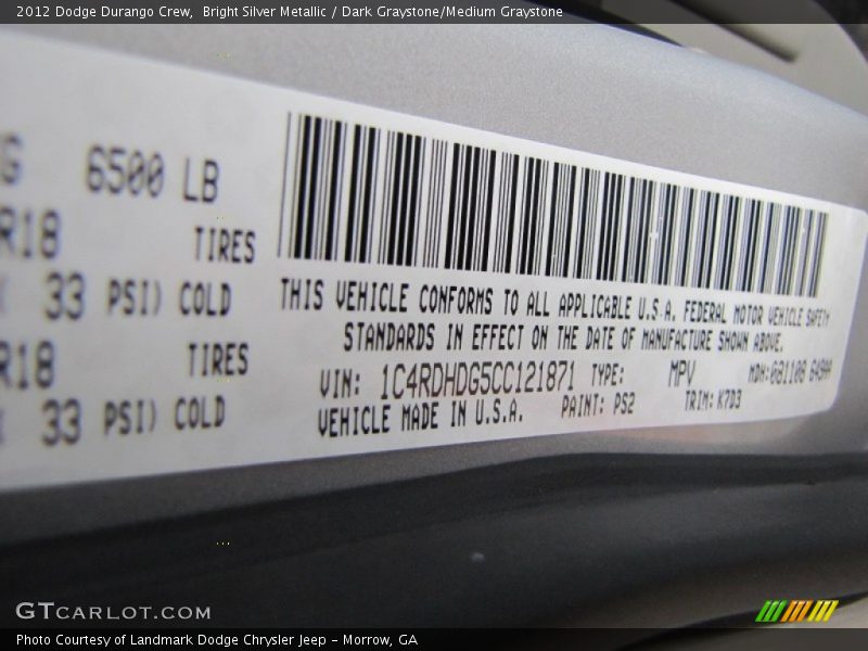 Bright Silver Metallic / Dark Graystone/Medium Graystone 2012 Dodge Durango Crew