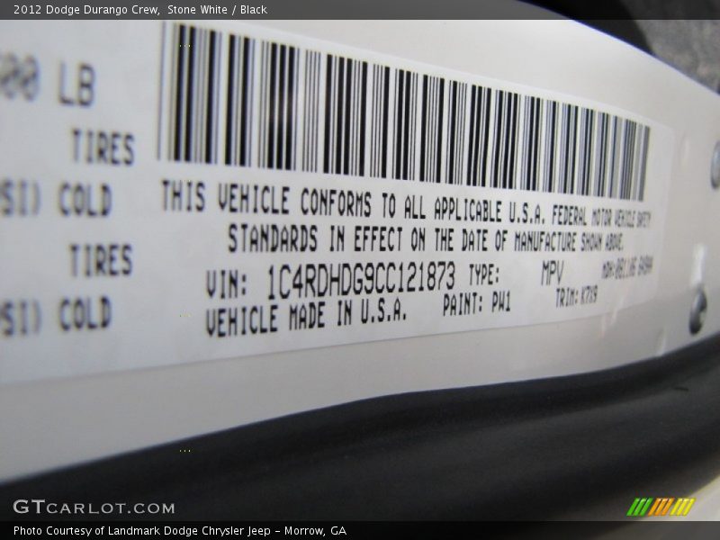2012 Durango Crew Stone White Color Code PW1