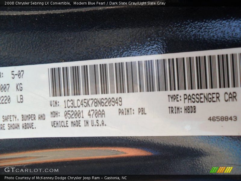 Modern Blue Pearl / Dark Slate Gray/Light Slate Gray 2008 Chrysler Sebring LX Convertible