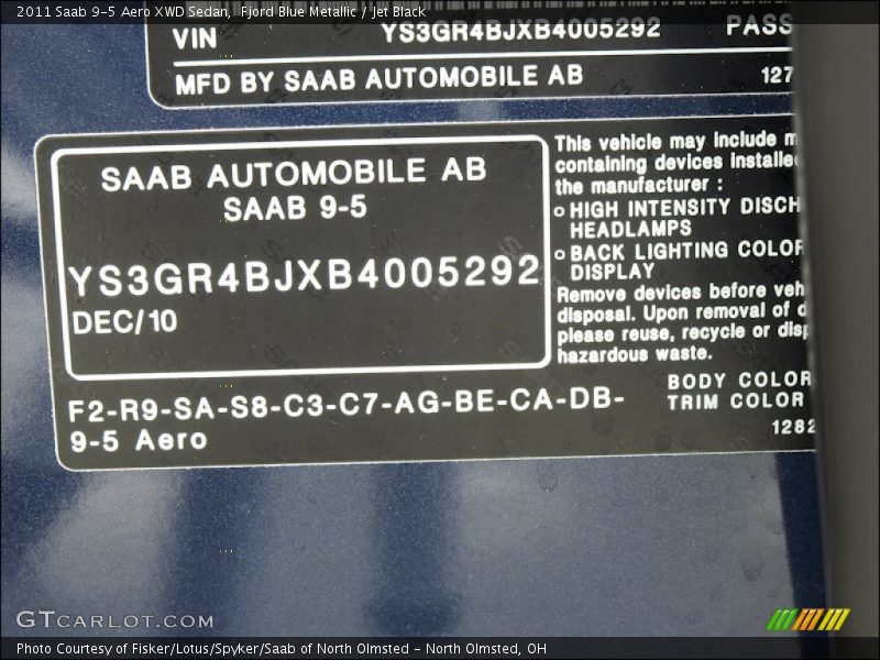 Fjord Blue Metallic / Jet Black 2011 Saab 9-5 Aero XWD Sedan