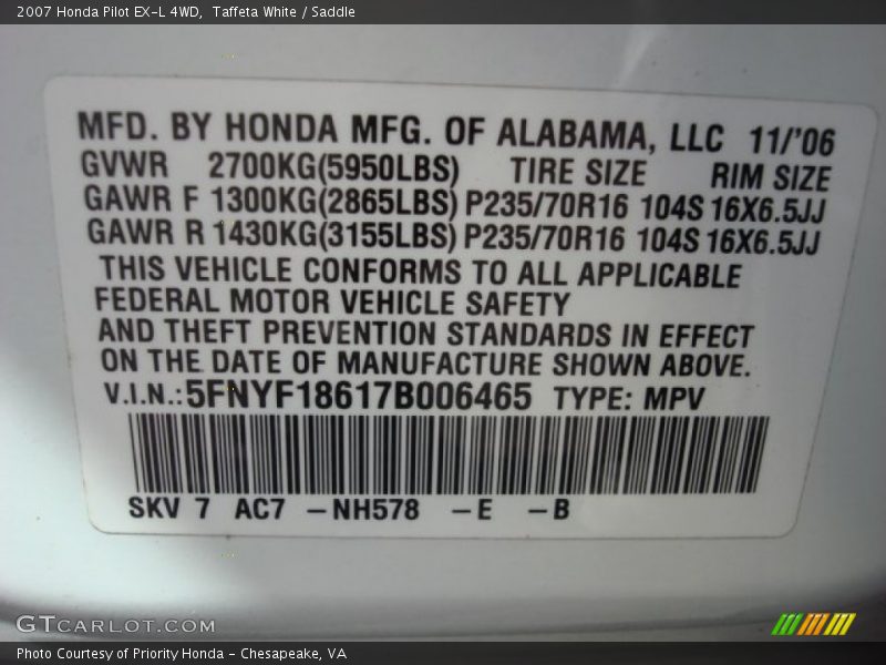 Taffeta White / Saddle 2007 Honda Pilot EX-L 4WD