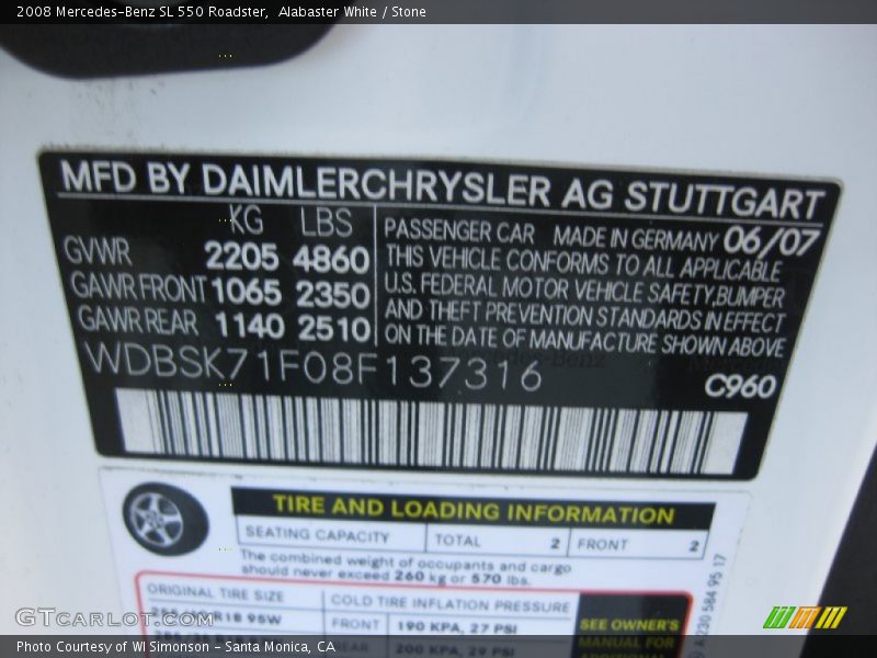 Alabaster White / Stone 2008 Mercedes-Benz SL 550 Roadster