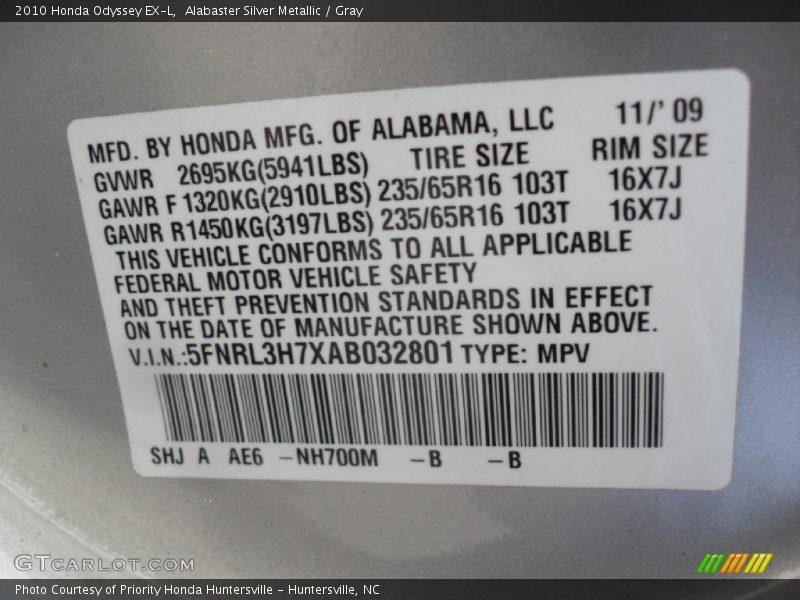 Alabaster Silver Metallic / Gray 2010 Honda Odyssey EX-L