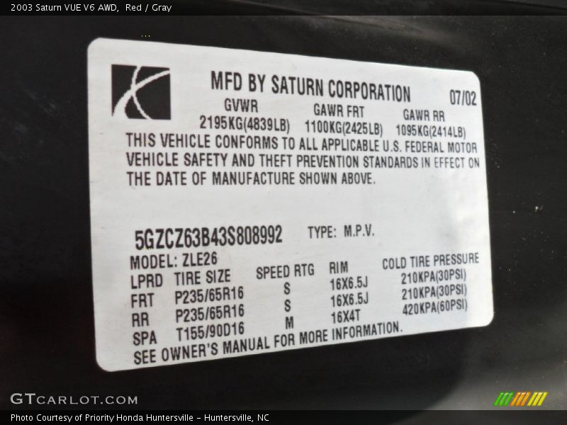 Red / Gray 2003 Saturn VUE V6 AWD