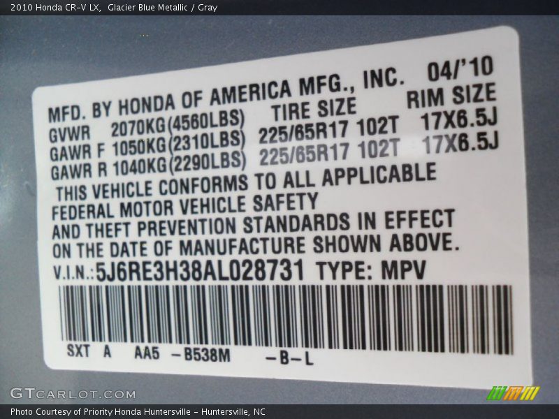 Glacier Blue Metallic / Gray 2010 Honda CR-V LX