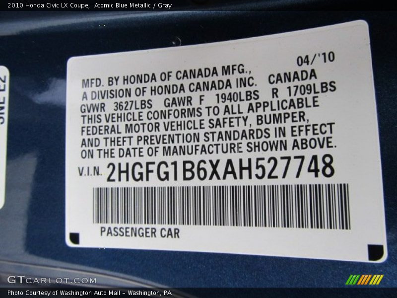 Atomic Blue Metallic / Gray 2010 Honda Civic LX Coupe