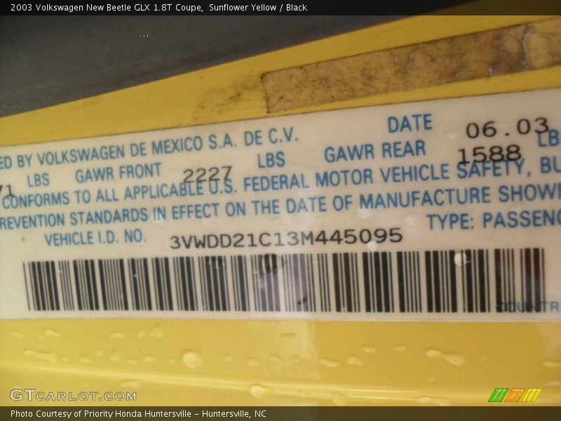 Sunflower Yellow / Black 2003 Volkswagen New Beetle GLX 1.8T Coupe