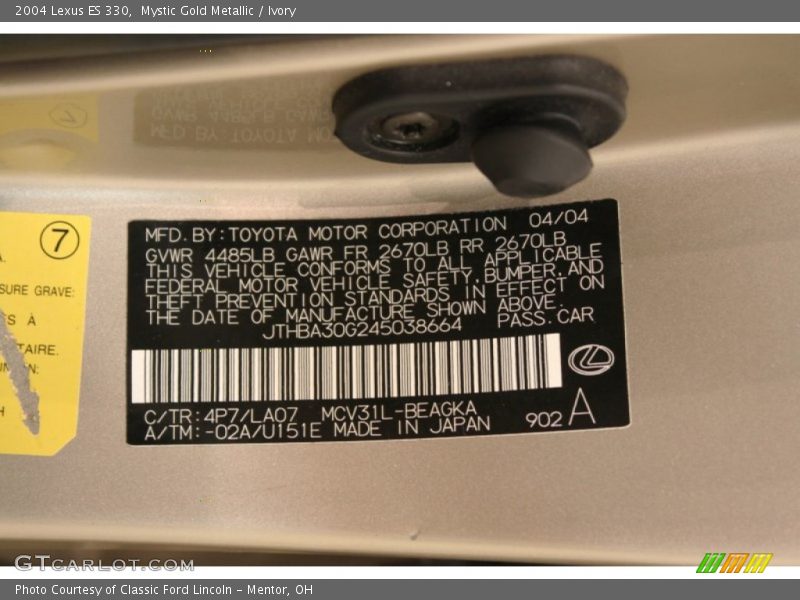 Mystic Gold Metallic / Ivory 2004 Lexus ES 330