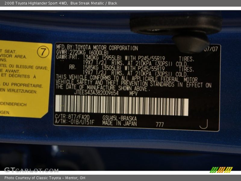 Blue Streak Metallic / Black 2008 Toyota Highlander Sport 4WD