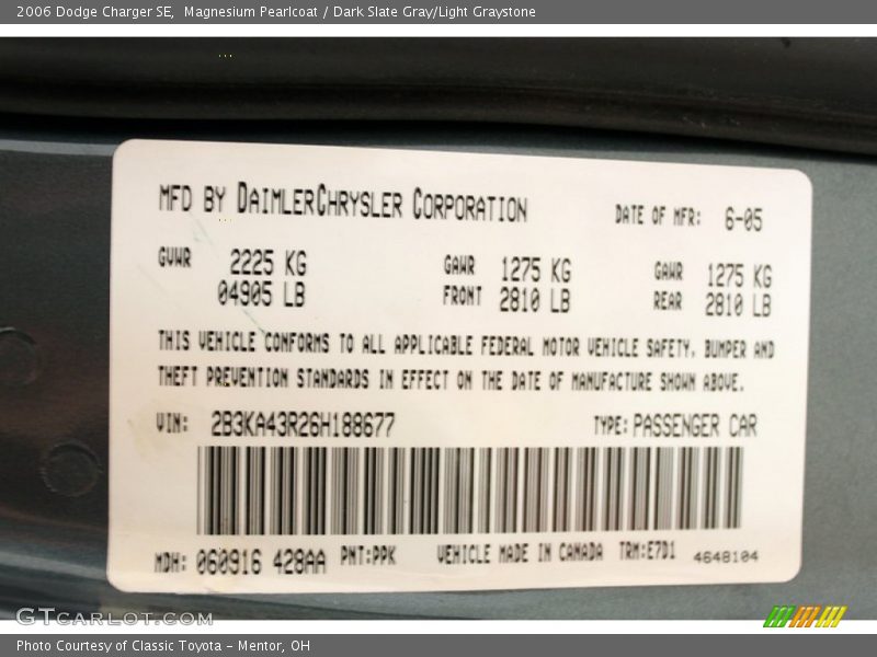 2006 Charger SE Magnesium Pearlcoat Color Code PPK