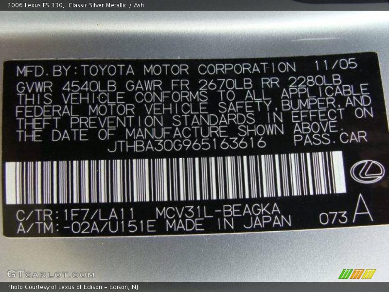 Classic Silver Metallic / Ash 2006 Lexus ES 330