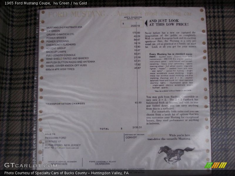  1965 Mustang Coupe Window Sticker