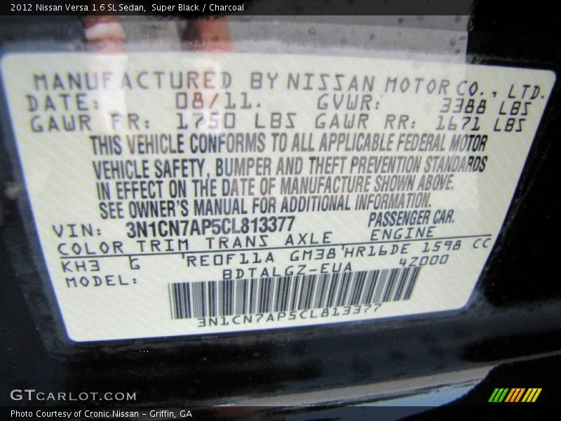 2012 Versa 1.6 SL Sedan Super Black Color Code KH3