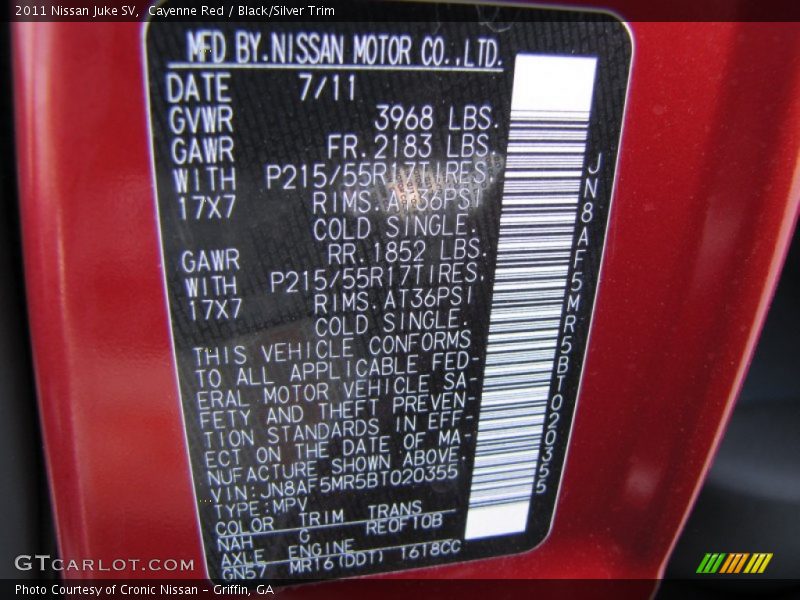 Cayenne Red / Black/Silver Trim 2011 Nissan Juke SV