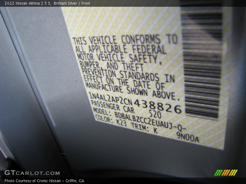 2012 Altima 2.5 S Brilliant Silver Color Code K23