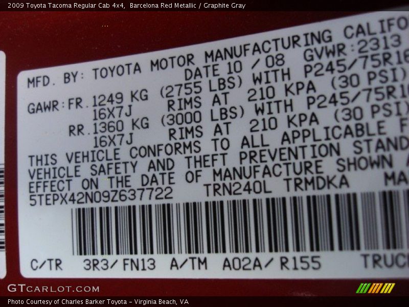 Barcelona Red Metallic / Graphite Gray 2009 Toyota Tacoma Regular Cab 4x4