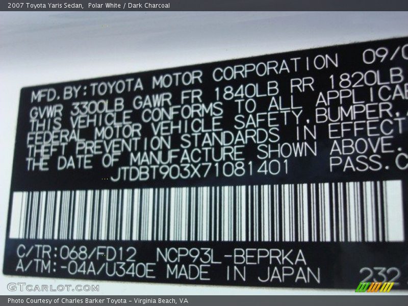 2007 Yaris Sedan Polar White Color Code 068