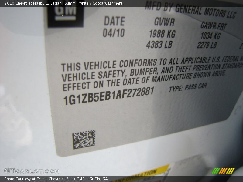 Summit White / Cocoa/Cashmere 2010 Chevrolet Malibu LS Sedan