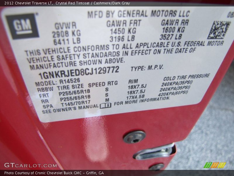 Info Tag of 2012 Traverse LT