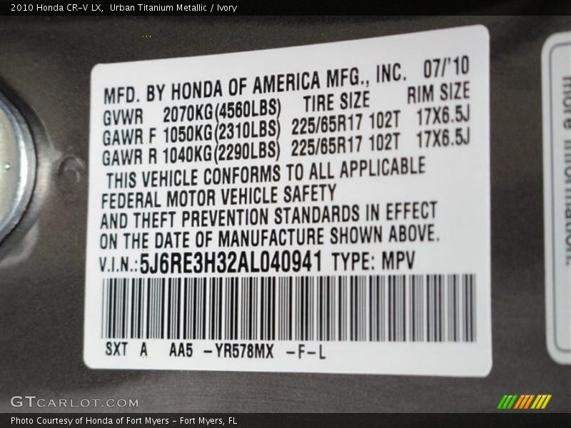 Urban Titanium Metallic / Ivory 2010 Honda CR-V LX