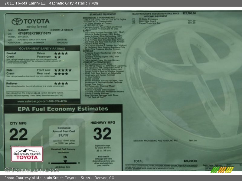 Magnetic Gray Metallic / Ash 2011 Toyota Camry LE