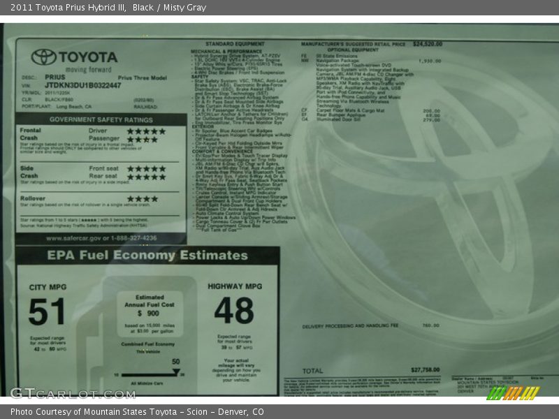 Black / Misty Gray 2011 Toyota Prius Hybrid III