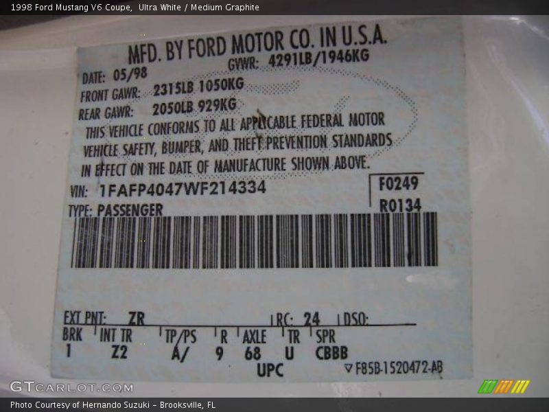 Ultra White / Medium Graphite 1998 Ford Mustang V6 Coupe