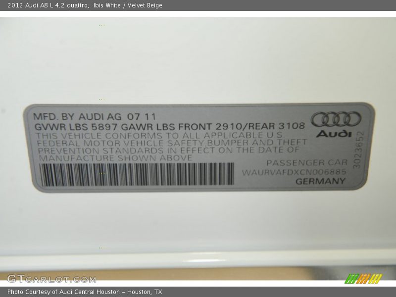 Info Tag of 2012 A8 L 4.2 quattro