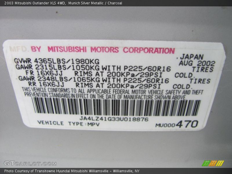 Munich Silver Metallic / Charcoal 2003 Mitsubishi Outlander XLS 4WD